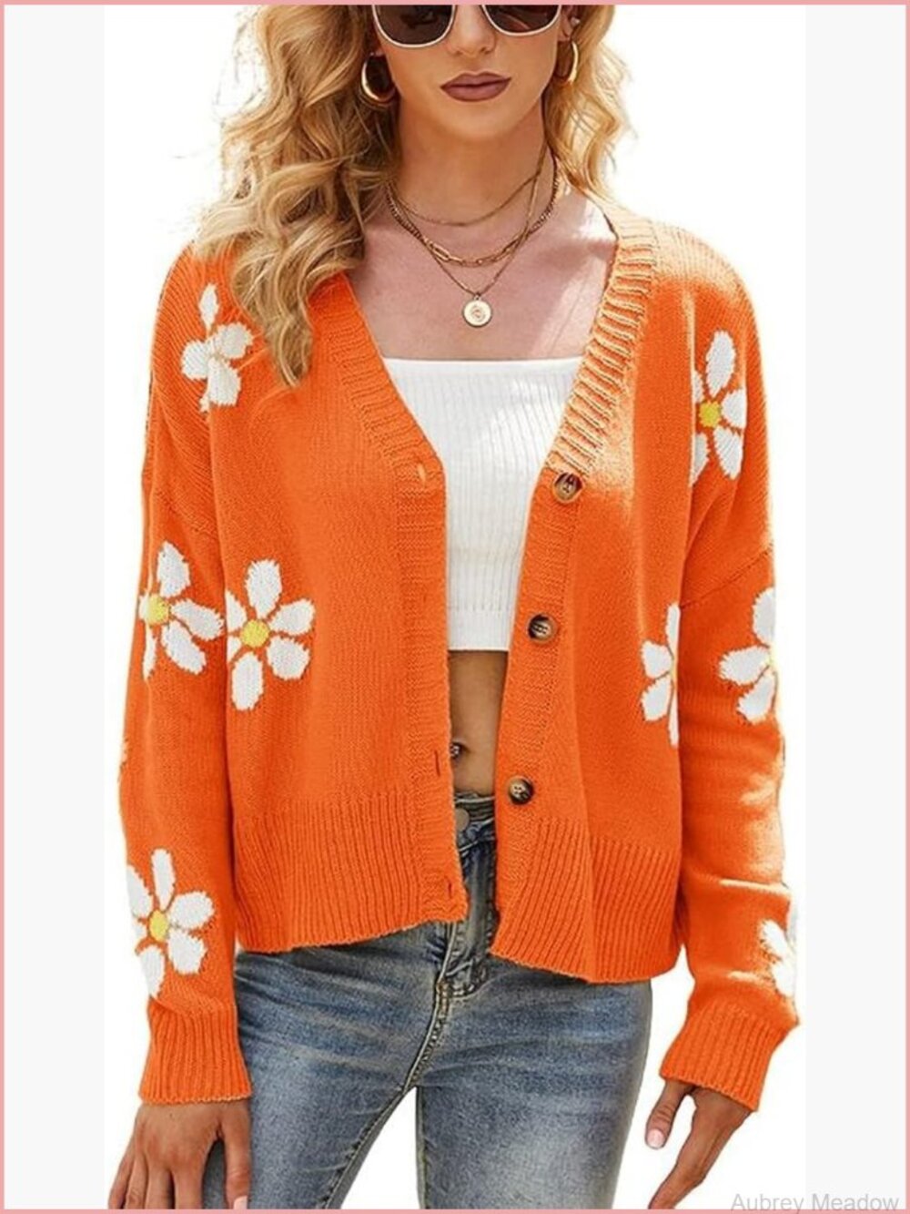 V-Neck Button Down Daisy Floral Jacquard Knit Cardigan Sweater